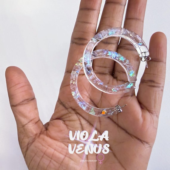 Iridescent Resin Hoop Earrings, Clear & Holographic Statement Hoops, Stainless Steel Posts, Handmade Modern Jewelry