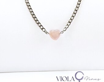 Rose Quartz or Amethyst Heart Necklace • Stainless Steel Cuban Chain