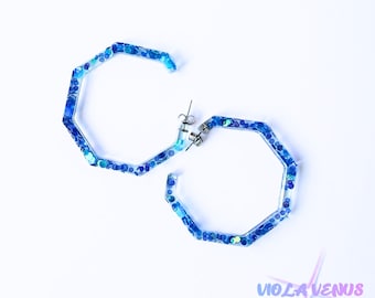 Iridescent Confetti Resin Hoop Earrings, Geometric Octagon Hoops