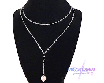 Rose Quartz Heart Lariat Necklace | Stainless Steel Y Chain | Minimalist Layering Jewelry