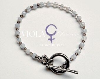 Blue Lace Agate Bracelet: Smoky Quartz, Stainless Steel Toggle, Handmade