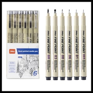 May include: A set of six fine-point archival ink pens in a clear plastic package, with individual pens displayed. The pens are labeled with sizes and the brand name "JiMiao". The packaging includes the text "Hand-painted needle pen".