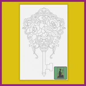 May include: A detailed line drawing of a key with a floral design. The key's head features roses and ornate scrollwork. The key is on a white background with a yellow and purple border. A small image of a person is in the lower right corner.