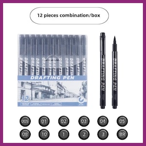 May include: A set of black drafting pens, including a box of 12 pens and individual pens. The box is labeled "DRAFTING PEN" and includes a cityscape illustration. Individual pens and numbered tips are also displayed.