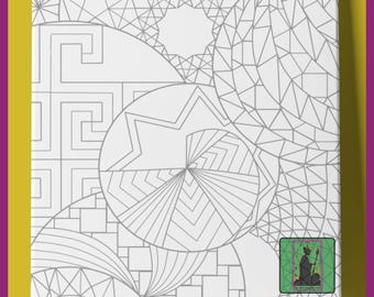 May include: A white canvas print featuring a geometric design in shades of gray. The design includes circles, squares, and star shapes, with a green and black logo in the bottom right corner. The canvas is framed with a yellow border and a purple background.