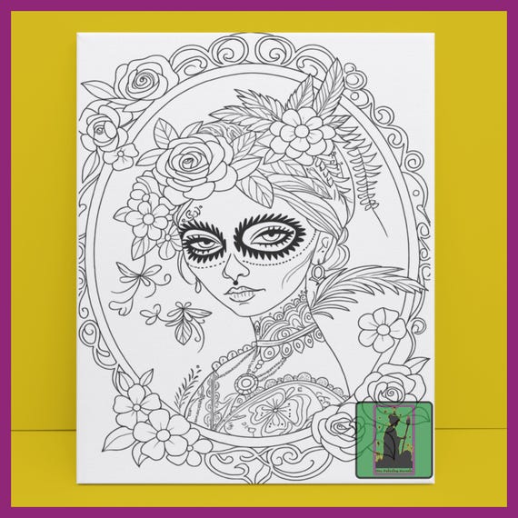 Dia De Los Muertos Lady Predrawn Canvas, Sugar Skull Coloring Canvas