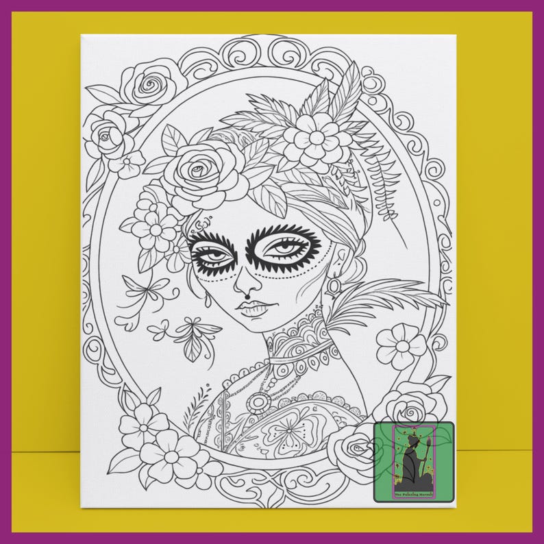 May include: Black and white canvas art print featuring a detailed illustration of a woman with sugar skull makeup, adorned with flowers and feathers. The artwork is framed within an oval, surrounded by floral elements.