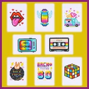 May include: A collection of cross-stitch designs featuring retro themes. Designs include a pair of lips with a tongue sticking out, a winged rainbow object, an ice cream truck, a television with "NO SIGNAL", a cassette tape, a "ROCK MUSIC" design, "BACK TO THE 80s" text, and a Rubik's Cube.