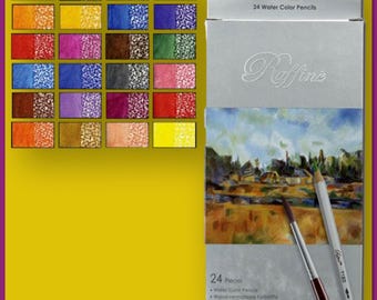May include: A box of 24 Raffine water color pencils. The box is silver with the words "CREATIVE MARK" and "24 Water Color Pencils" printed on it. The box also features a watercolor painting of a landscape. A color chart is displayed on the left.