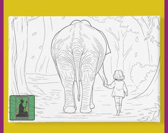May include: Black and white line art illustration of an elephant walking through a forest, holding hands with a small child. The image is on a white canvas with a green and black logo in the lower left corner. The canvas is set against a yellow background with a purple border.