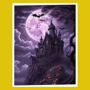 May include: A digital illustration of a spooky castle on a cliff, under a large purple moon. Bats fly in the sky. A winding staircase leads up to the castle, lined with glowing pumpkins. The color palette is dark purple and black.