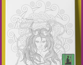 May include: Square canvas art featuring a detailed gray illustration of a woman with horns, rope accents, and the word "Taurus". The background includes a circular design. A small green square with a silhouette is in the corner.