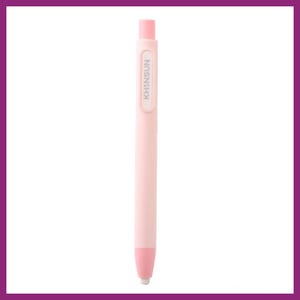 May include: A light pink pen with the word "KHINSUN" printed vertically on the barrel. The pen has a matching pink eraser and a pink tip. The pen is set against a white background with a purple border.