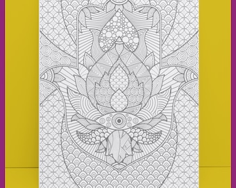 May include: A black and white line art illustration of a Hamsa hand, a symbol of protection and good fortune. The intricate design features detailed patterns and shapes, perfect for coloring. The artwork is set against a yellow and purple background.