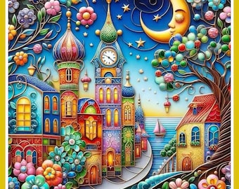 May include: A colorful, whimsical illustration of a fantasy cityscape at night. Buildings with ornate domes and towers are illuminated with warm light. A crescent moon with a smiling face and stars adorn the night sky, with flowers and a tree in the foreground.