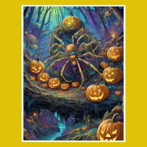 May include: A digital painting depicts a Halloween scene with a giant spider and numerous carved pumpkins. The spider has a glowing blue head and long, spindly legs. The pumpkins have carved faces and are lit from within, set in a dark forest.