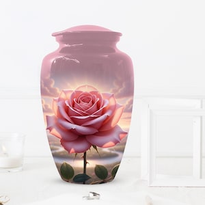 May include: A cylindrical cremation urn with a smooth, glossy finish featuring a printed image of a large, blooming pink rose centred against a backdrop of a sunset sky with soft clouds and a winding path, topped with a matching pink lid.