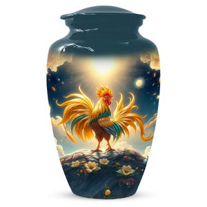 May include: A dark blue cremation urn featuring a vibrant illustration of a golden rooster standing on a rocky surface with white flowers. The background depicts a bright sun, clouds, and a starry sky, creating a contrast with the dark vessel.