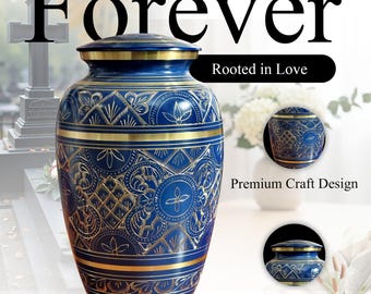 Blue Cremation Urn For Human Ashes - Brass Burial Large Urns (10", 200CU)