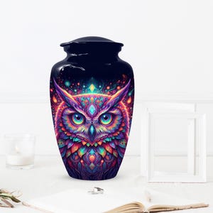 Könnte beinhalten: Eine schwarze Urne mit einem lebendigen, farbenfrohen Eulenmuster. Die Eule weist komplizierte Muster in Lila, Blau, Orange und Grün auf. Die Urne hat eine glänzende Oberfläche und einen sicheren Deckel.