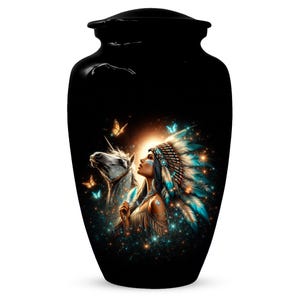 May include: Black cremation urn with a detailed illustration of a Native American woman in a feathered headdress, a white horse, and butterflies. The artwork features teal and gold accents against a dark background.