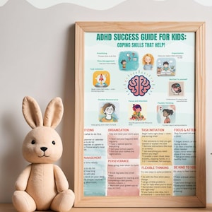 May include: A framed poster titled "ADHD Success Guide for Kids: Coping Skills That Help!" is displayed next to a plush bunny. The poster features colorful illustrations and text outlining strategies for managing ADHD, including organization and task initiation.