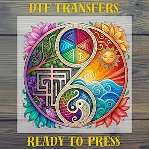 May include: A circular DTF transfer sheet featuring a vibrant, multi-colored graphic design with the text DTF TRANSFERS READY TO PRESS. The artwork displays a stylized sun, ocean waves, a tree, and geometric patterns in a circular composition.