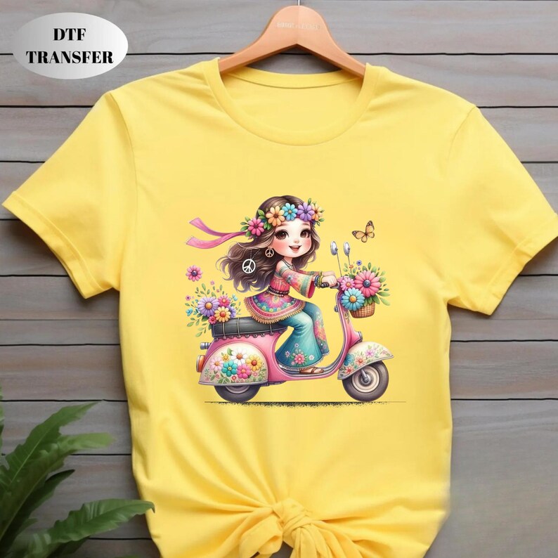 Boho Scooter Girl DTF Transfer, Hippie Floral Art, Ready to Press Iron ...