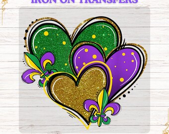 Mardi Gras Hearts DTF Transfer, Fleur de Lis, Carnival Iron On
