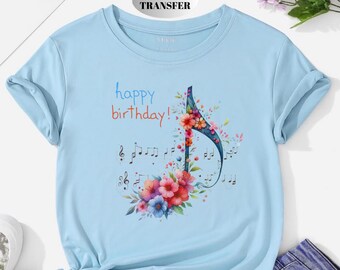 Happy Birthday DTF Transfer, Floral Music Note Art Iron On, Music Lover Design