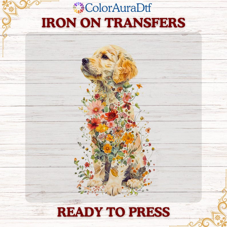 Floral Golden Retriever DTF Transfer, Watercolor Dog Iron On - Etsy