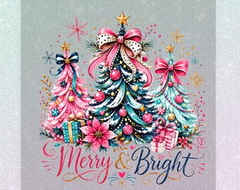 Merry & Bright Christmas Tree DTF Transfer, Pink Coquette Holiday Iron On, Ready to Press