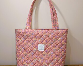 Handmade Pink Floral Quilted Tote Bag With Water Bottle Pocket