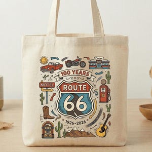 Route 66 Cotton Tote Bag, Vintage Americana Road Trip Bag, Motorcycle riders, Retro style