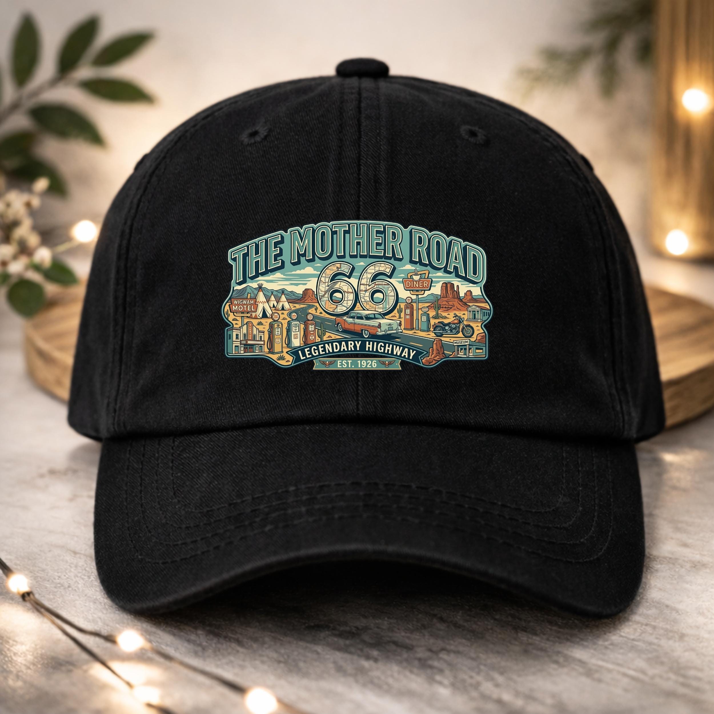 Route 66 Bio-Washed Cotton Dad Hat, Adjustable Pre-Curved Visor, Classic Baseball Cap