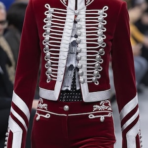 Op de afbeelding: Een bordeauxrood fluwelen jasje en broek met zilveren afwerking en knopen. Het jasje heeft uitgebreide zilveren vlechtwerkdetails en een hoge kraag. Een opvallend voorbeeld van formele kleding.
