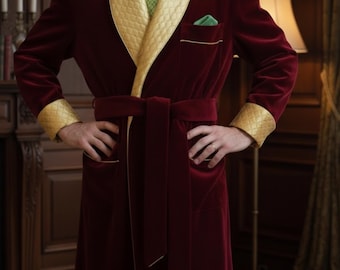 Burgundy Velvet Robe: Men's Quilted Lapel Dressing Gown