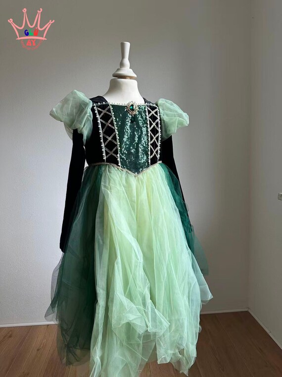 Frozen Anna Dress Green | Long-Sleeved Velvet Top with Glitter and Tulle Skirt | Frozen Anna Costume for Carnival, Christmas & Birthday