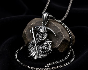 Ciondolo Grim Reaper in argento sterling – Collana con falce gotica