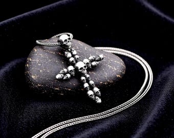 Skull Cross Pendant: Oxidized 925 Sterling Silver Gothic Biker Necklace