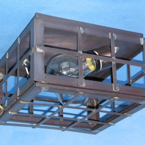 May include: A brown metal cage light fixture with a clear glass light bulb inside. The cage is made of square bars and has a rectangular shape.