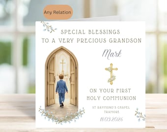 Holy Communion Card - Grandson, Son, Nephew etc - Chapel, Cross - Personalised
