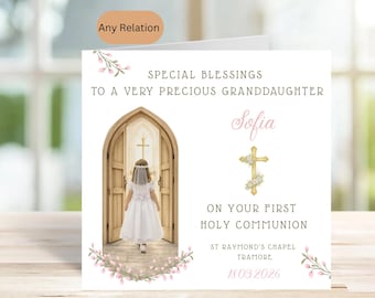 Personalised First Holy Communion Card | For Granddaughter, Daughter, Niece etc - Chapel, Cross Design