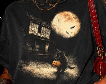 Vintage Halloween-katt PNG-skjorta, läskig kattpumpadesign, retro spökhus, söt gotisk höstgrafik, present till kattälskare