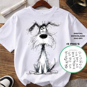 Könnte beinhalten: Weißes T-Shirt mit einer skurrilen Schwarz-Weiß-Hundeillustration. Der Hund hat ein großes, ausdrucksstarkes Gesicht und ein zotteliges Aussehen. Das Shirt enthält auch den Text "DIGITAL DOWNLOAD 300 DPI" und "15 PNG'S".