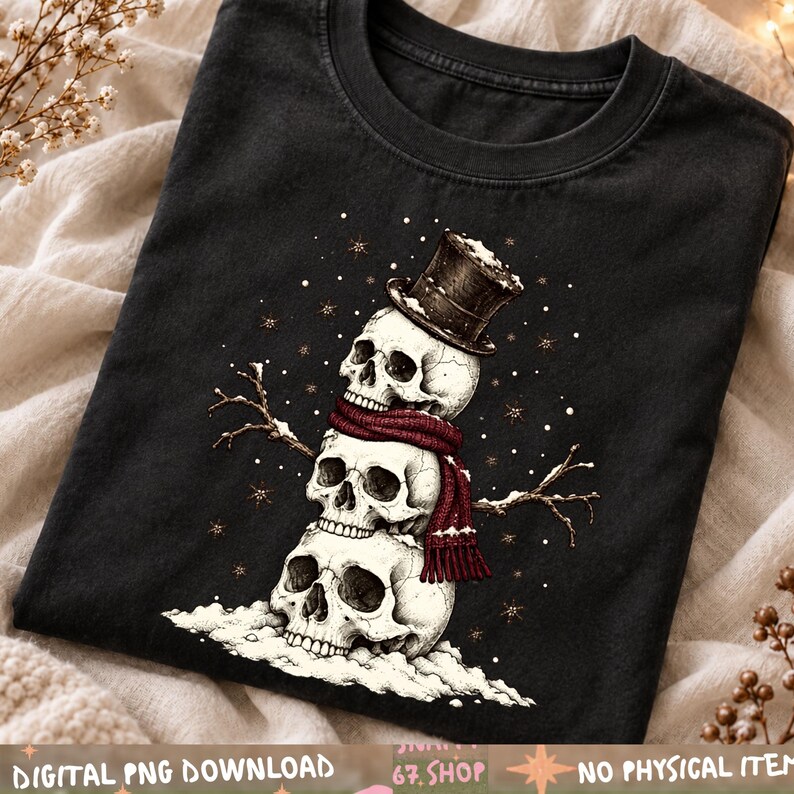 Dödskalle snögubbe PNG, Gothmas skelett snögubbe design, mörk jul sublimering, gotisk högtid clipart digital nedladdning bild 3