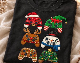 Julspelkontroll PNG, jultomte, ren, snögubbe, pepparkaksträd, retro gaming sublimering, speljuldesign