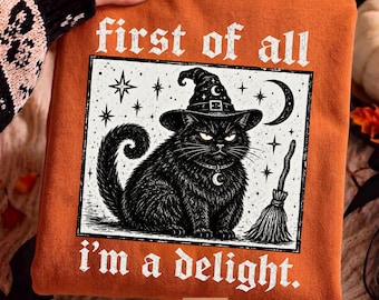 Rolig häxkatt som PNG-nedladdning, höstkatt Halloween, "Jag är en glädje"-design för kuslig häxtid, utskrivbar (sublimeringstryck)