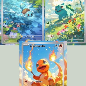 May include: Three rectangular trading cards featuring Squirtle in blue water, Bulbasaur in a green meadow, and Charmander holding a flaming torch. Each card displays the character name, 90 HP, and specific elemental symbols for water, grass, and fire.