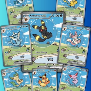 Op de afbeelding: Een verzameling van acht ruilkaarten met geïllustreerde Eevee-evoluties, waaronder Glaceon, Jolteon, Umbreon, Vaporeon, Sylveon, Leafeon, Flareon en Espeon. Elke kaart toont een personage, HP-waarde, aanvalsnaam en speltekst op een blauwe en groene achtergrond.
